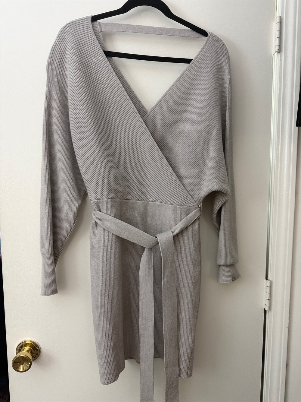 V-Neck Long Sleeve Wrap Knit Dress in Light Gray